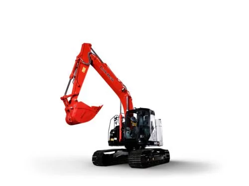 Sure! Here's an alt text suggestion:Bright red excavator on a white background, highlighting durable construction equipment.