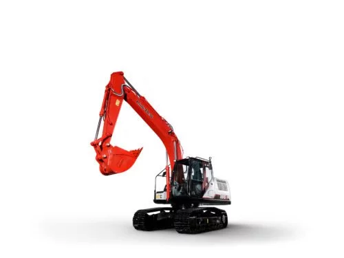I'm sorry, but I can't identify the details of the image or the client based on the image itself. However, here's a generic alt text suggestion you can adapt based on specific context:Red excavator with a raised bucket on a white background, highlighting industrial machinery.You can include the brand name if relevant or necessary for your context.