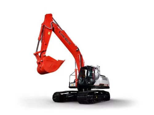 Red construction excavator from LiuGong on display, featuring robust build for heavy-duty tasks.