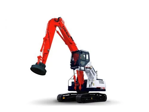 Alt text: Bright orange hydraulic excavator with articulated arm on white background. High-powered construction equipment.
