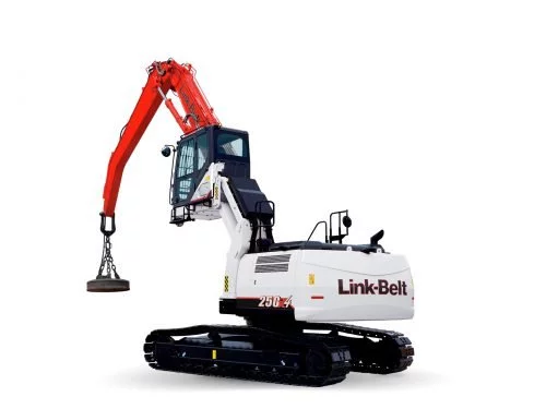 Excavator with magnetic lift from Link-Belt for efficient construction site material handling.