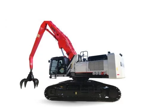 Red and white industrial excavator with a claw attachment for construction use, enhancing productivity and efficiency.