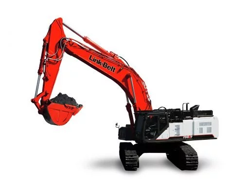 Red Link-Belt excavator lifting dirt, showcasing powerful construction machinery.
