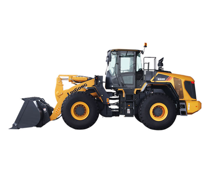 Yellow wheel loader, the LiuGong 856H, ideal for heavy construction tasks.