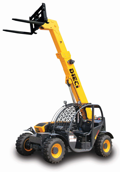 Alt text: Dieci telehandler with extended arm and lifting forks, ideal for construction and logistics.