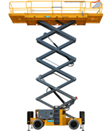 Yellow scissor lift extended for construction work, showcasing high reach and stability. Ideal for elevated projects.