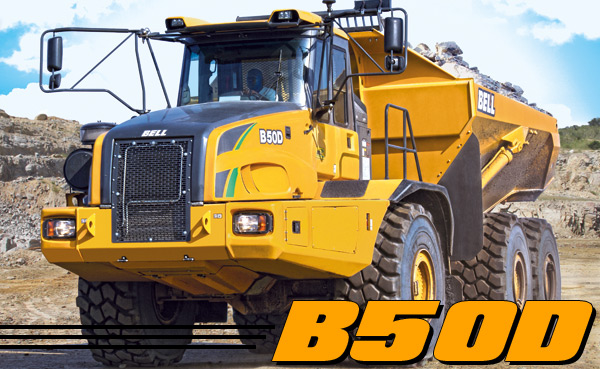 Alt text: Bell B50D articulated dump truck in a quarry, showcasing its robust design. Construction machinery focus.