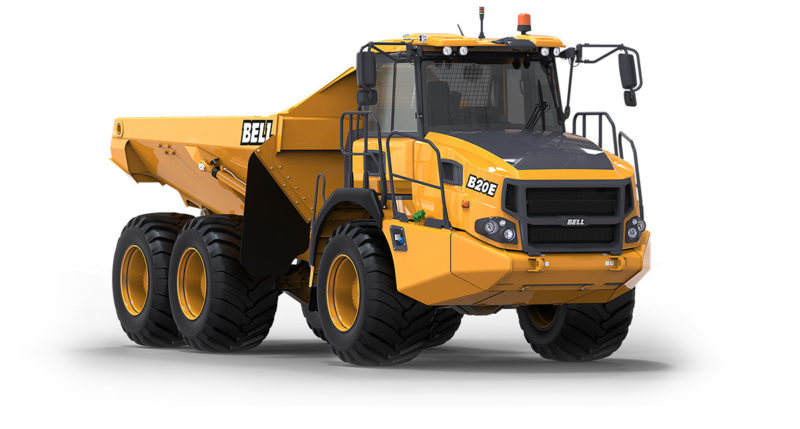 Sure! Based on your requirements, here's a suitable alt text for the image:Bell B20E articulated dump truck on white background, showcasing advanced construction machinery.