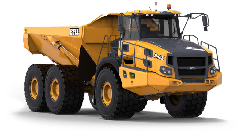 Yellow Bell B40E articulated dump truck designed for heavy construction work.