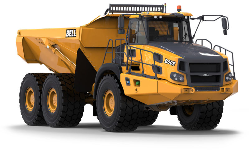 Yellow Bell B50E articulated dump truck on white background.