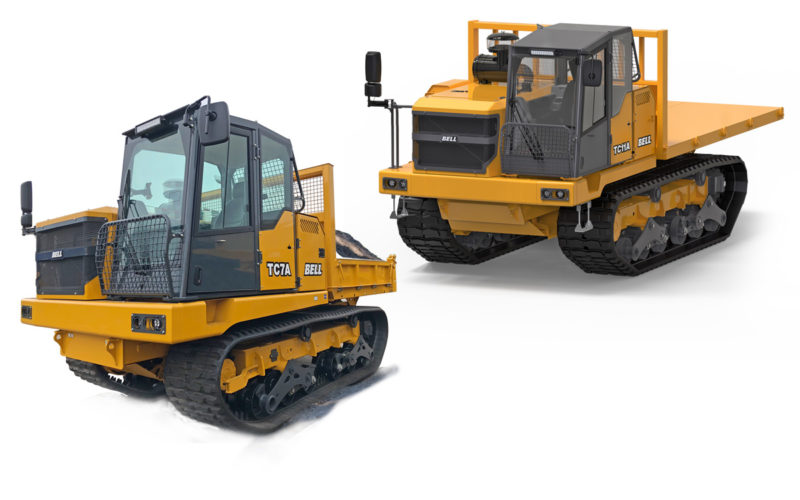 Alt text: Yellow Bell tracked carriers model TC7A for construction site use.