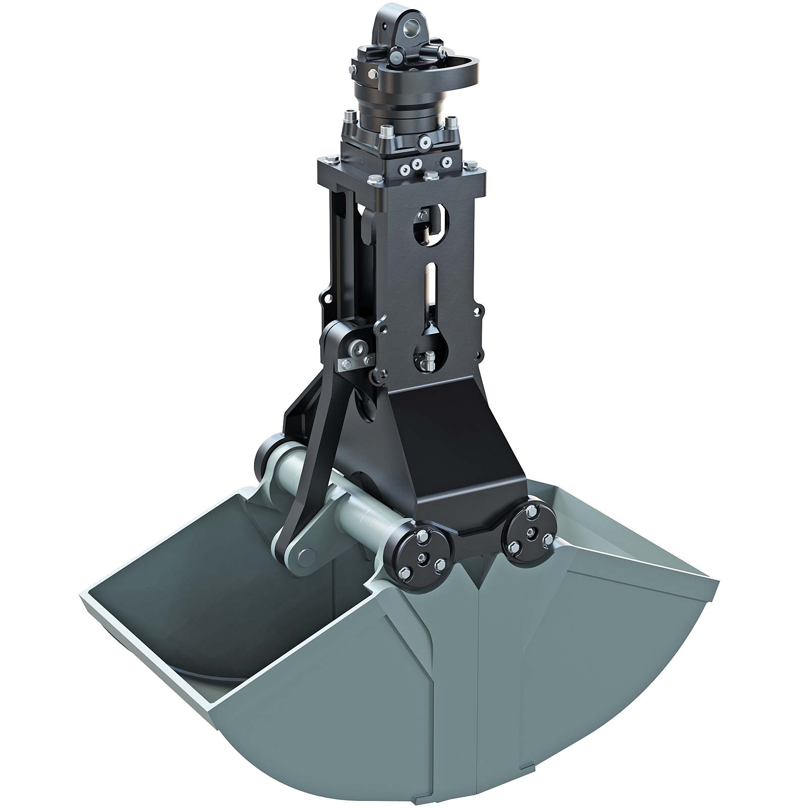 Hydraulic clamshell bucket attachment for efficient material handling.