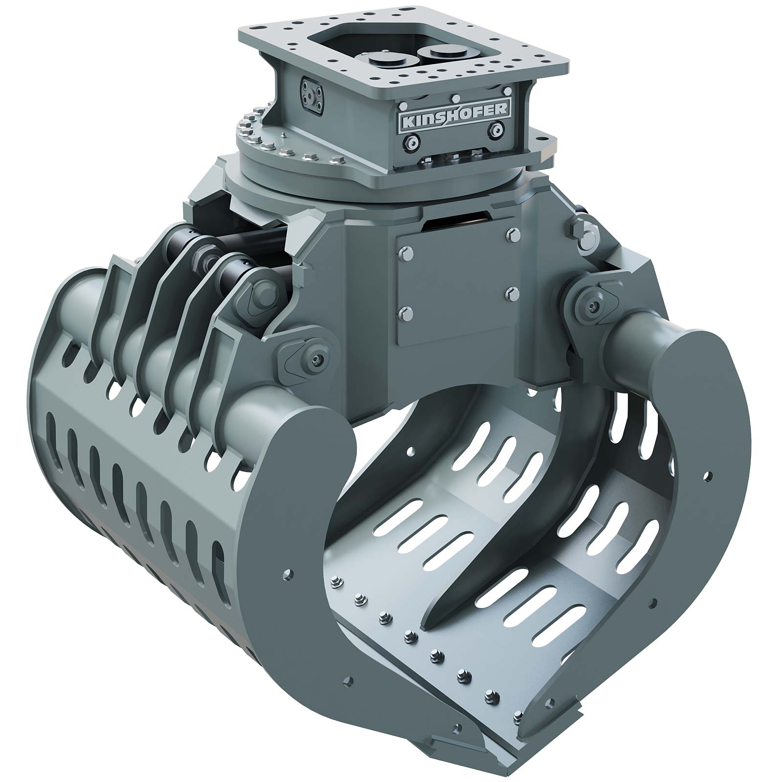 Kinshofer's hydraulic grapple attachment for excavators, showcasing its robust and versatile design.