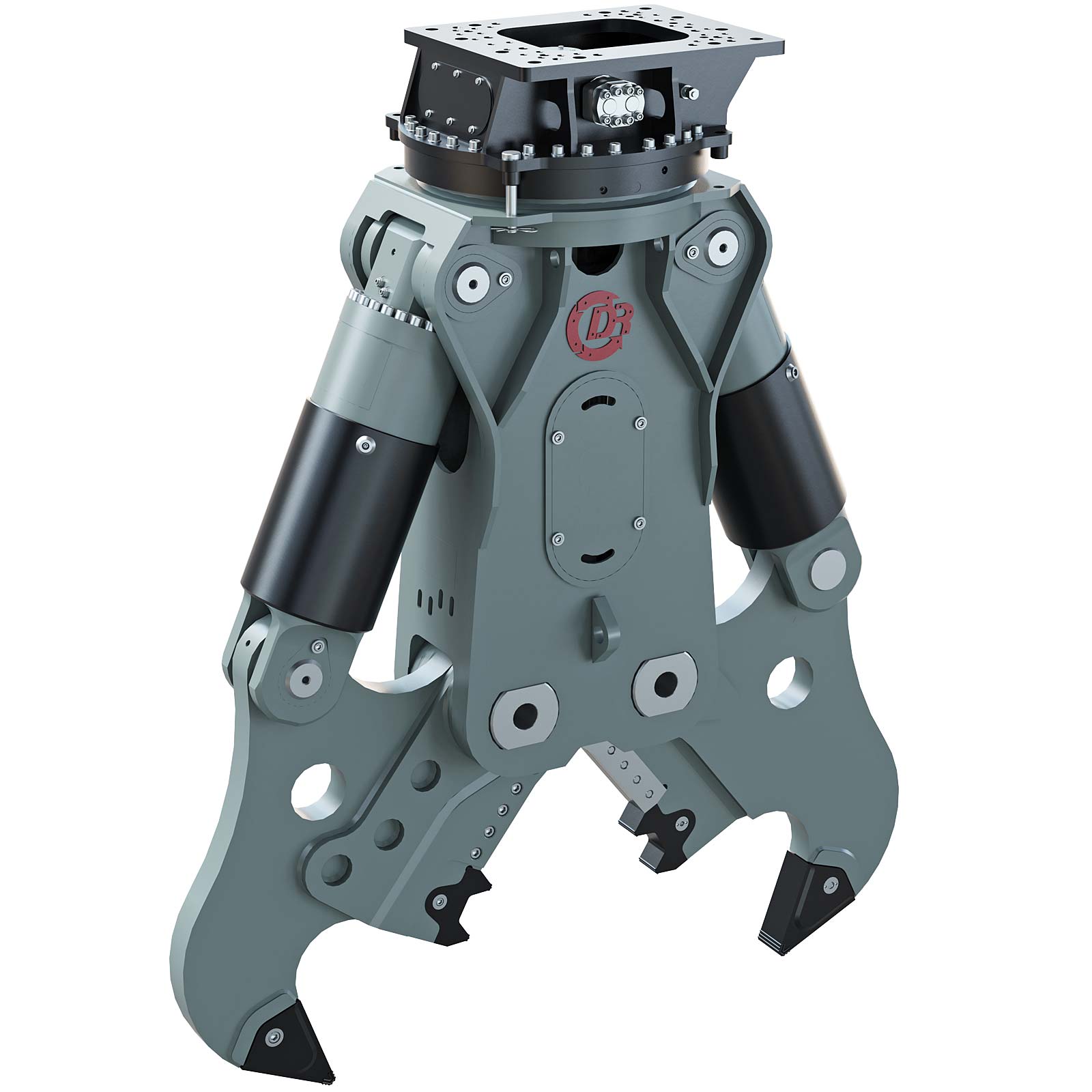 Demolition robot attachment with hydraulic jaws for efficient construction site operations.