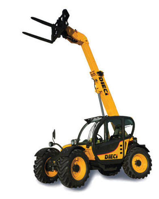 Yellow Dieci telehandler with extended boom, ideal for construction.