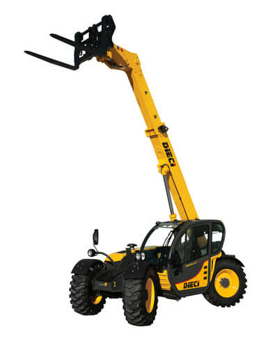 Yellow Dieci telehandler with extended arm and lifted forks, ideal for construction tasks.