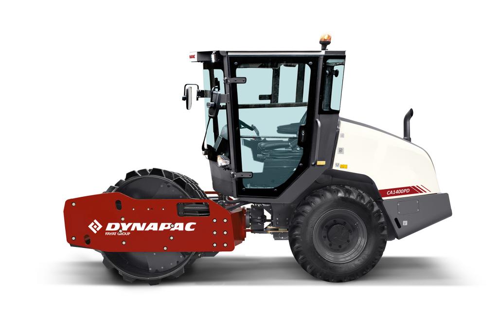 Dynapac CA1400PD roller compactor in side view, showcasing durable construction equipment.