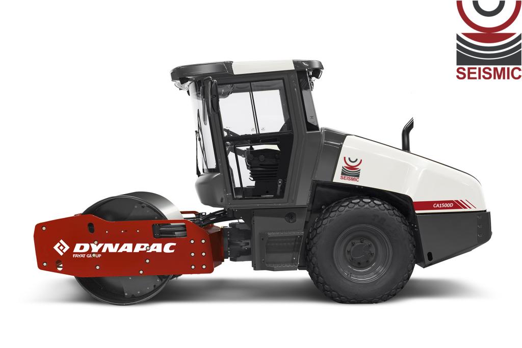 Dynapac CA1500D road roller with Seismic technology, side view, showcasing construction machinery features.