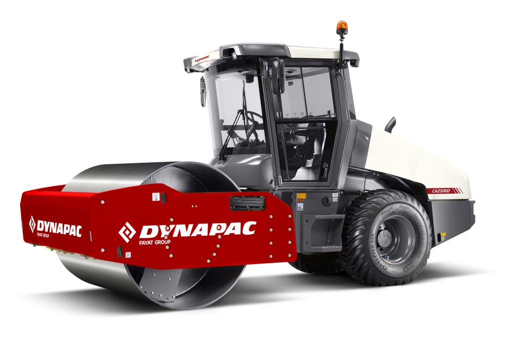 Dynapac CA2500D road roller with red accents, ideal for construction projects.