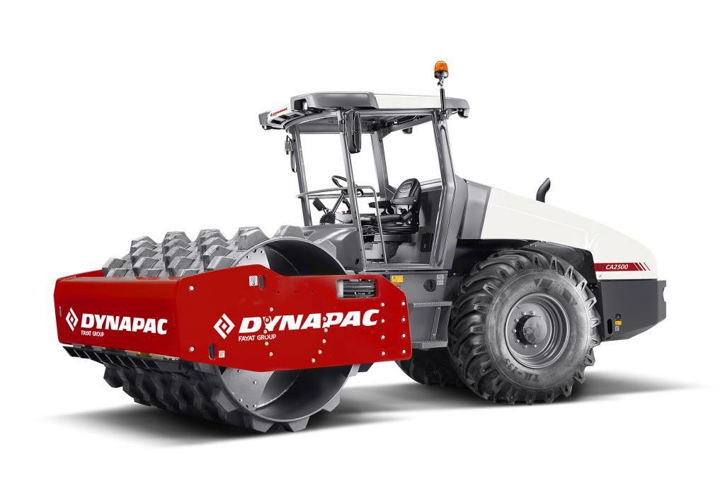 Dynapac CA2500 soil compactor with red and white detailing for efficient construction use.