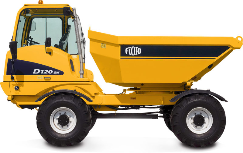 Fiori D120 SW site dumper in yellow, ideal for construction projects needing reliable equipment.