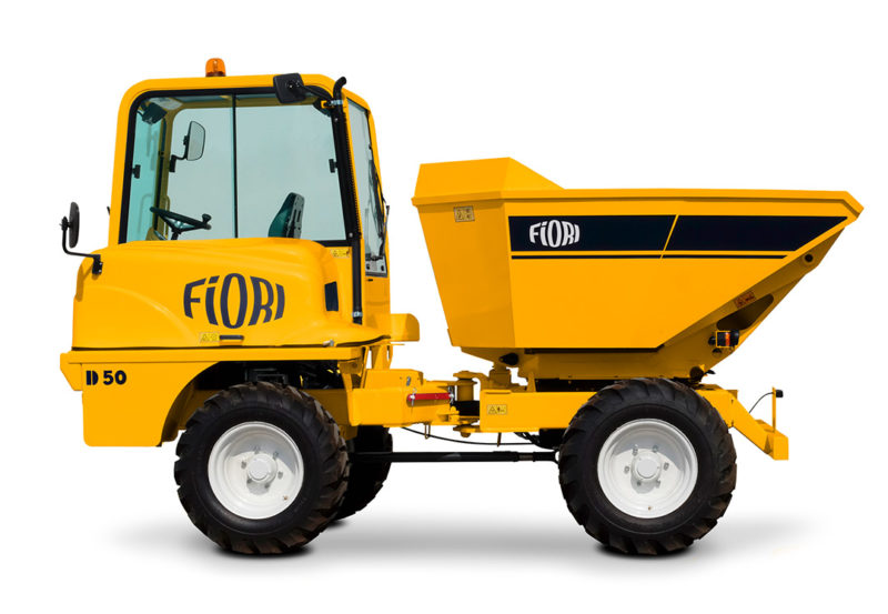 Yellow Fiori D 50 construction vehicle, side view, showcasing its sturdy design for efficient heavy lifting tasks.