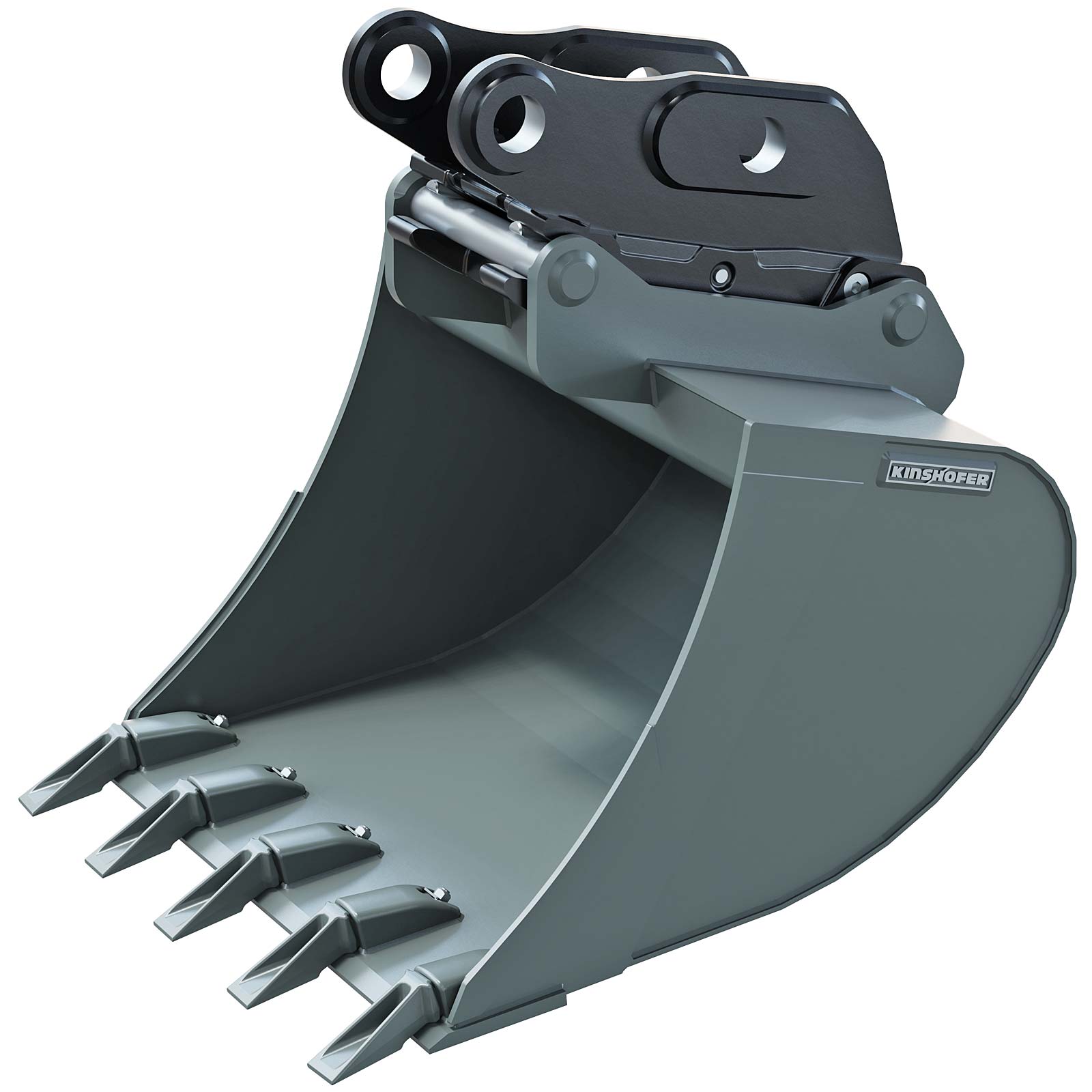 Excavator bucket attachment by Kinshofer, showcasing its robust design for efficient earthmoving tasks.