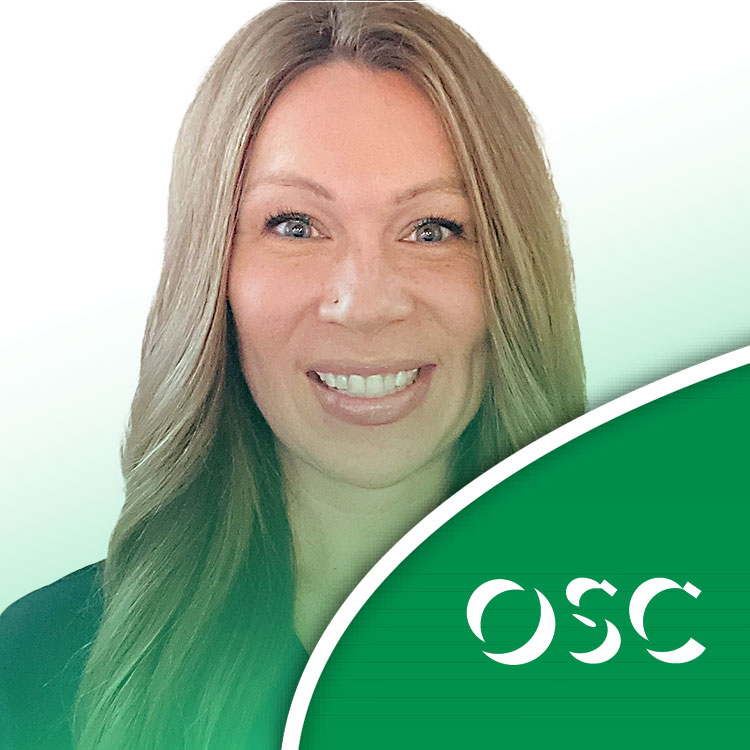 Smiling woman with long hair, representing OSC in branded green design.