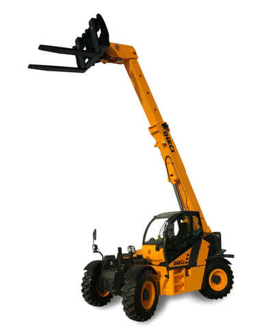 Yellow heavy-duty telehandler with extended boom arm for construction projects, by Bobcat. Ideal for material lifting.