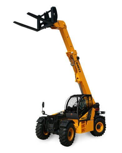 Telehandler with extended boom for heavy lifting, ideal for construction.