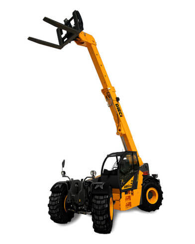 Yellow telehandler with extended boom and forks, ideal for construction. Durable design by JCB.