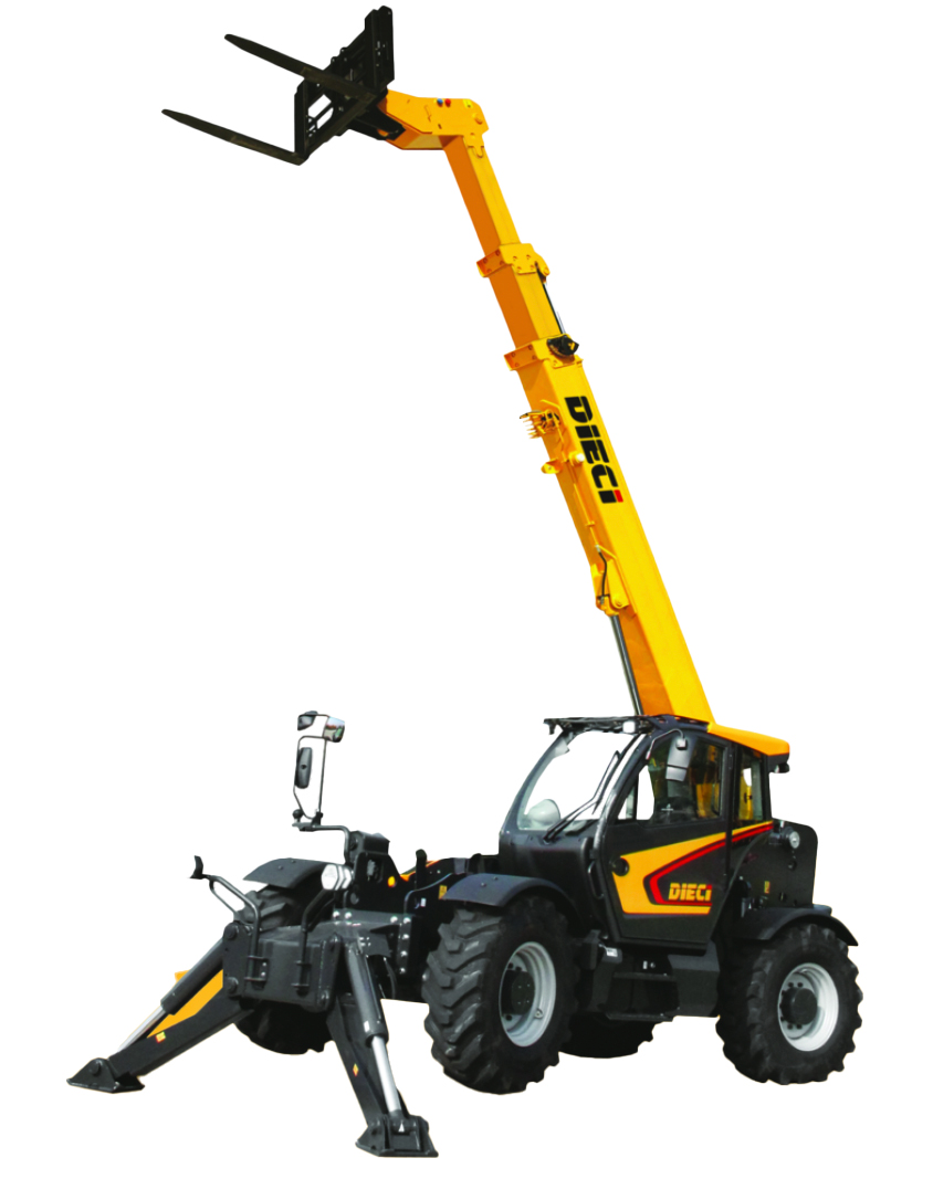 Dieci telehandler with extended arm and stabilizers, showcasing advanced lifting capabilities for construction sites.