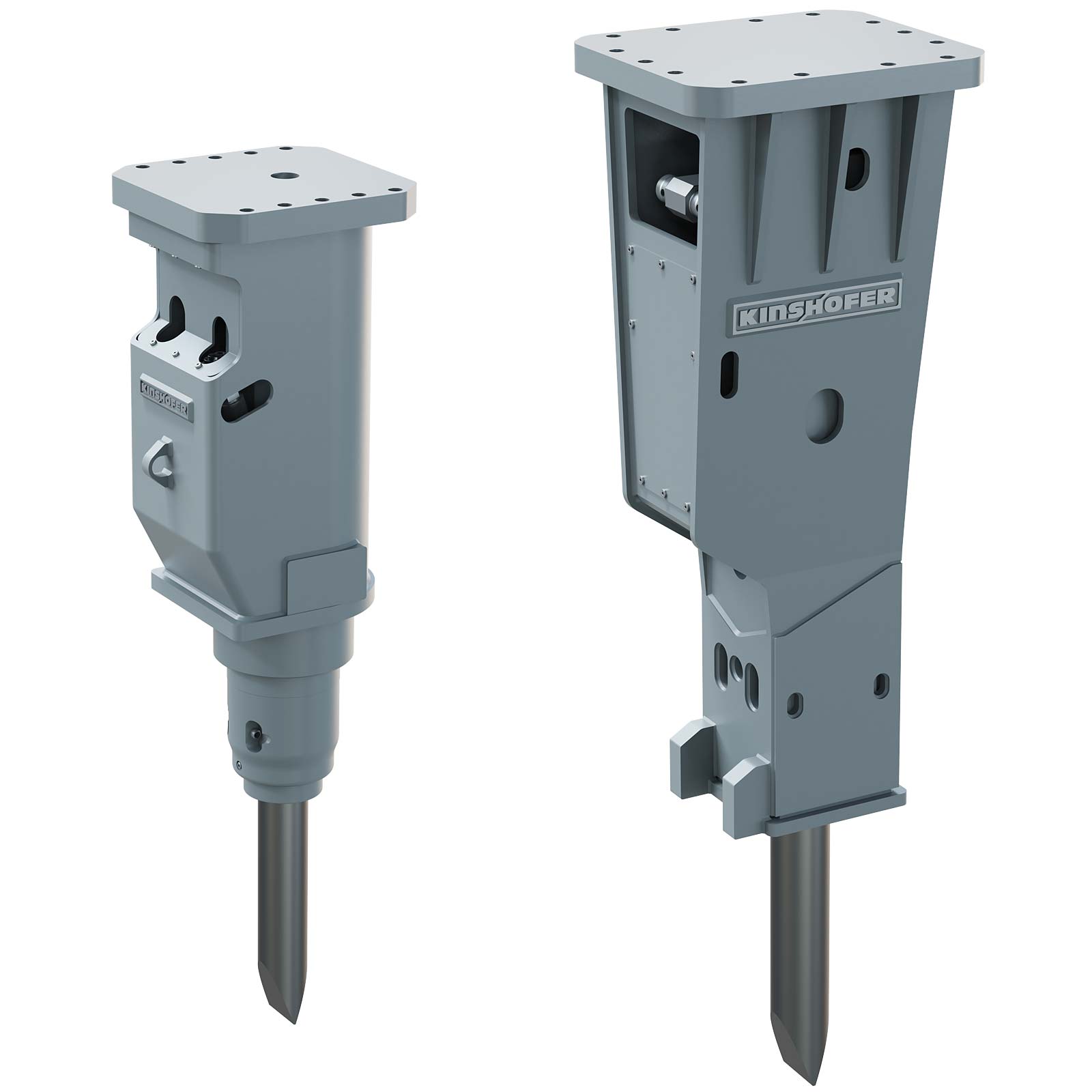 Kinshofer hydraulic breakers for construction equipment, showcasing robust design and efficiency.