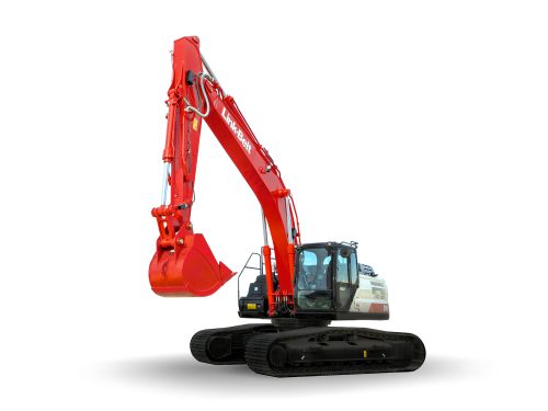Red hydraulic excavator by Kubota on white background for construction projects.