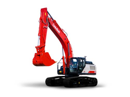 Red Link-Belt excavator on white background, showcasing heavy-duty construction equipment.