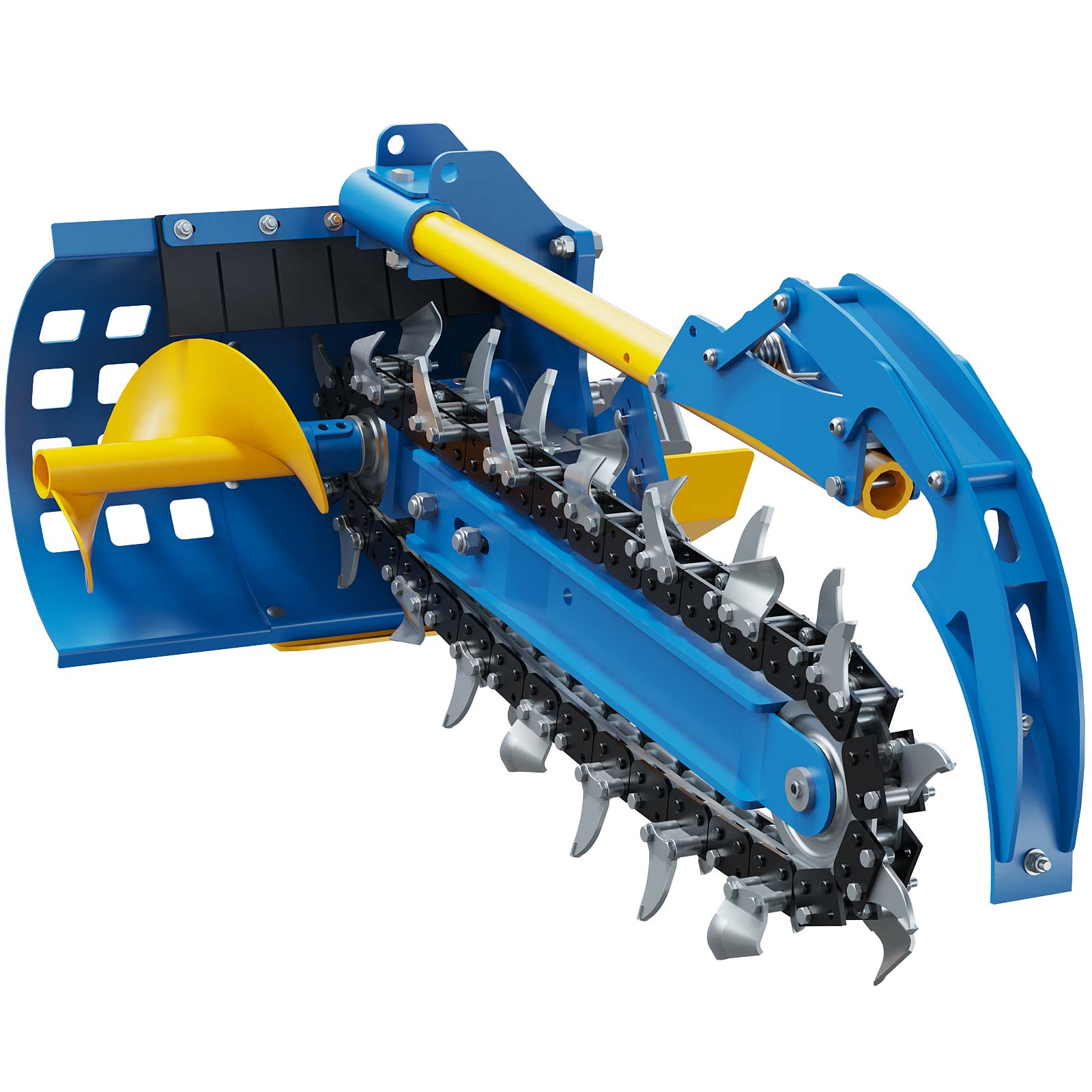 Alt text: Innovative blue and yellow trenching tool with sharp blades for efficient soil digging.