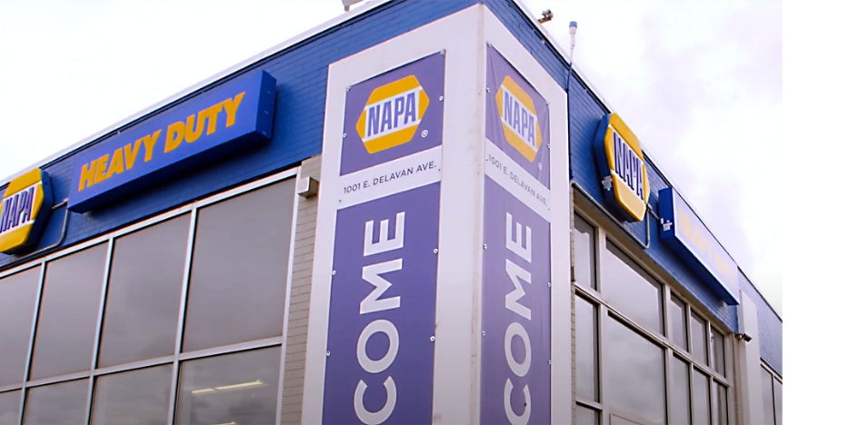 NAPA Auto Parts store entrance with signage displaying Heavy Duty products available.