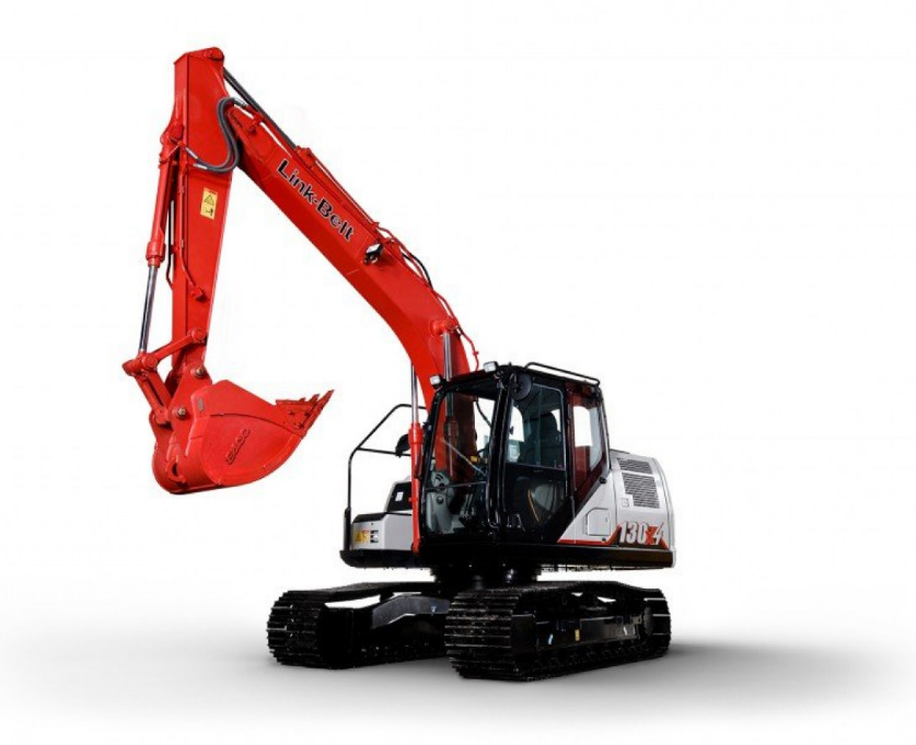 Red excavator showcasing Link-Belt equipment, ideal for construction projects.