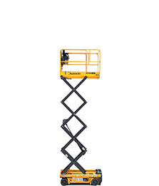 Yellow scissor lift from OSC Equipment for aerial work, fully extended, highlighting its height and functionality.