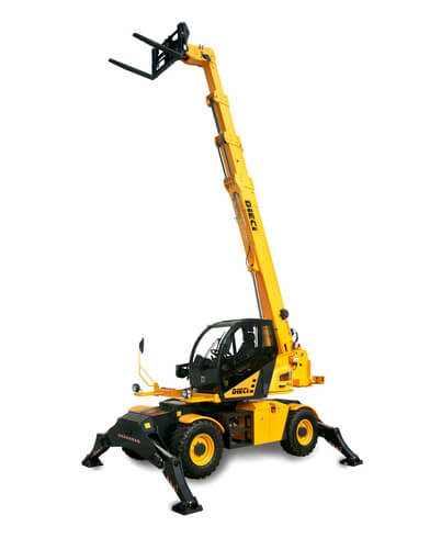 Sure! Based on your guidelines, here is a possible alt text:Yellow Dieci telescopic handler with extended arm reaching high for efficient material handling.