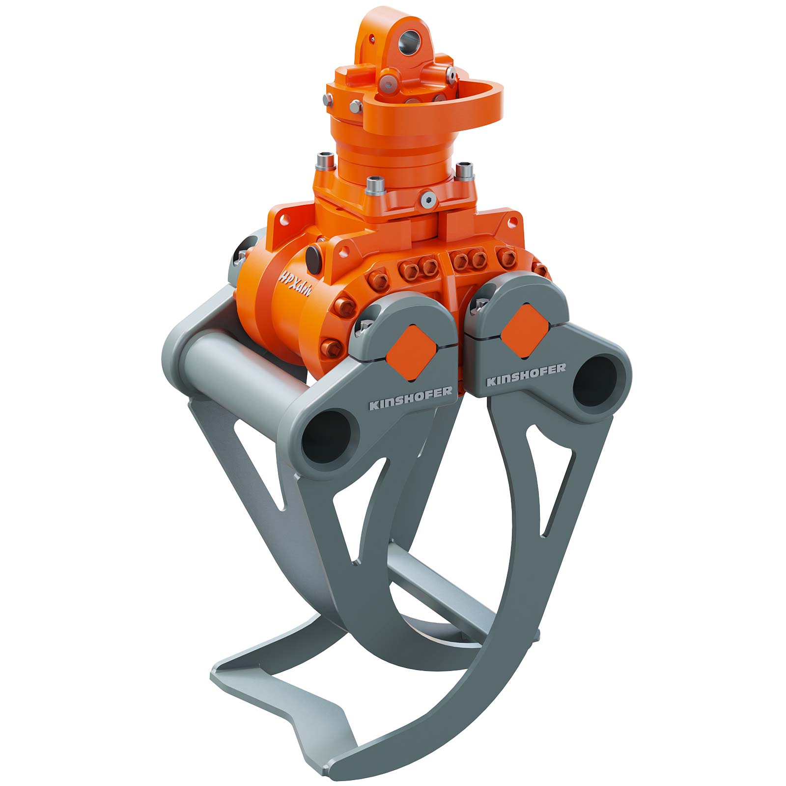 Kinshofer hydraulic grapple attachment for efficient material handling.