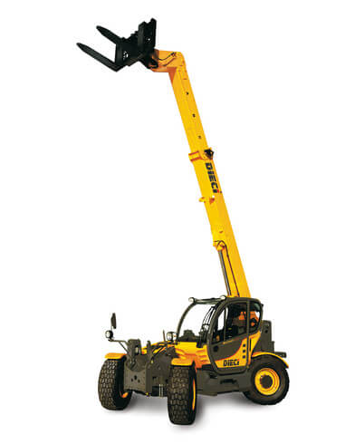Dieci telescopic handler with extended boom for versatile lifting. Ideal for construction sites.