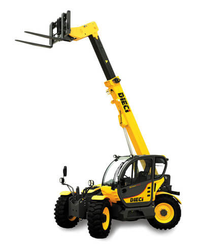 Dieci telehandler with extended arm and fork attachment for construction use.