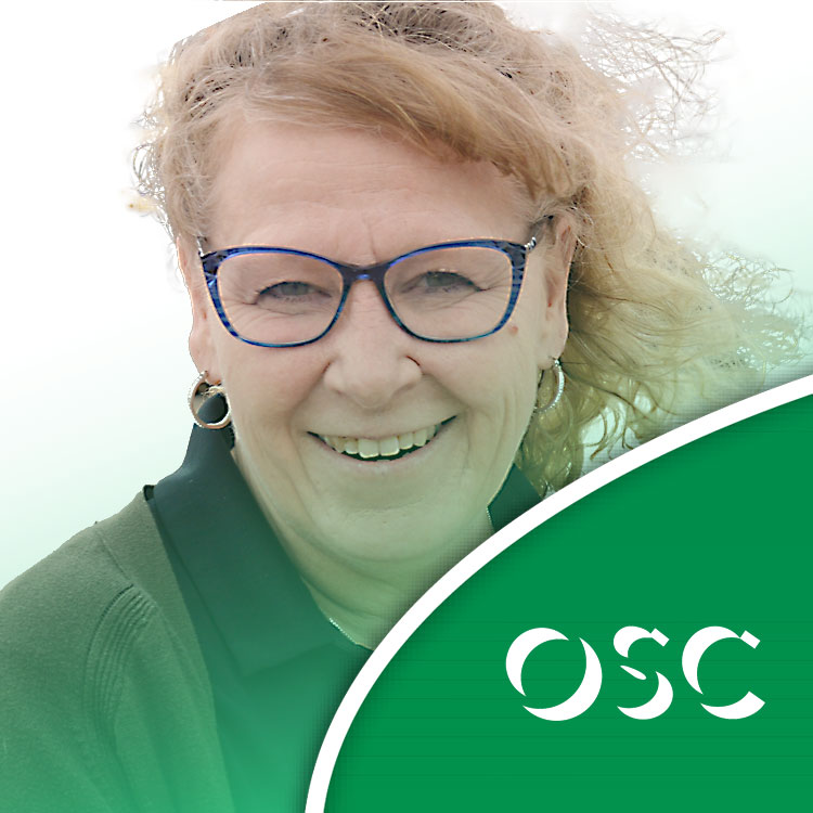 Smiling person with glasses beside OSC logo on a green background, representing OSC's friendly team and approach.