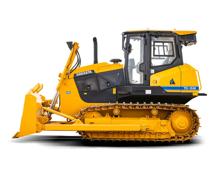 Yellow Dressta TD-15M bulldozer, side view. Robust construction machinery for efficient earth-moving tasks.
