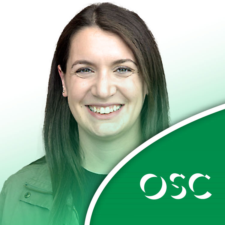 Female OSC team member smiling with logo, representing expert services.