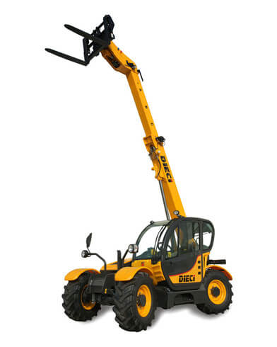 A yellow Dieci telehandler with extended boom for construction tasks.