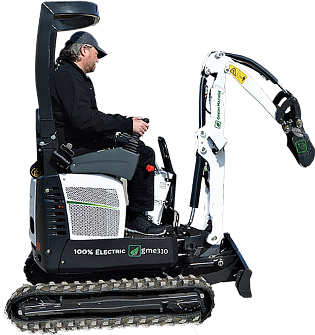 Operator using Green Machine gme310, an electric mini excavator with zero emissions.
