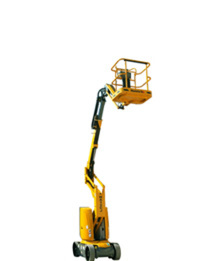 Yellow articulating boom lift elevating platform for aerial tasks. Ideal for construction and maintenance. OSC Equipment.