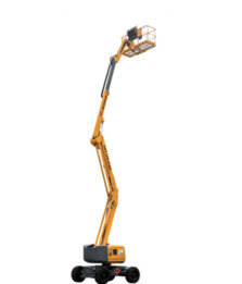 Yellow telescopic boom lift extended vertically, ideal for high-access projects. Perfect for construction safety.